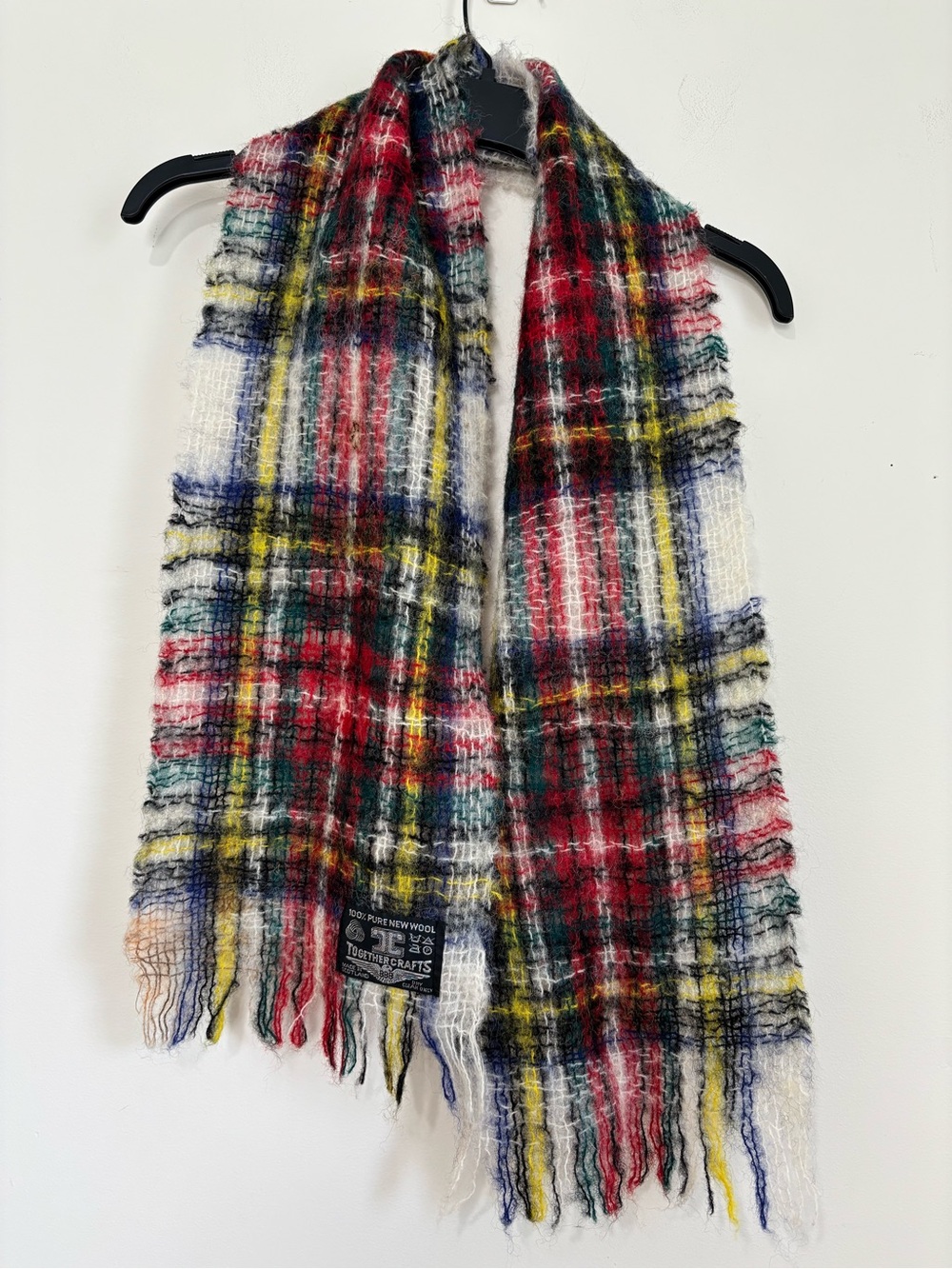 Vintage Together Crafts Red Green Yellow Tartan Plaid Pure Wool Fringed Scarf